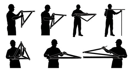 Black Solid Surveyor Folding Ruler Silhouettes Set of Six on White Background isolated on plain white background.のイラスト素材