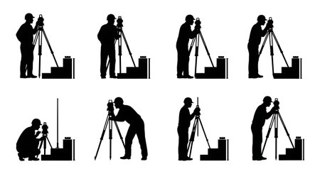 Black Solid Surveyor Measure Curb Silhouettes Set of Six on White Background isolated on plain white background.のイラスト素材