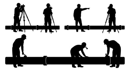 Black Solid Surveyor Pipeline Inspect Silhouettes Set of Six on White Background isolated on plain white background.のイラスト素材