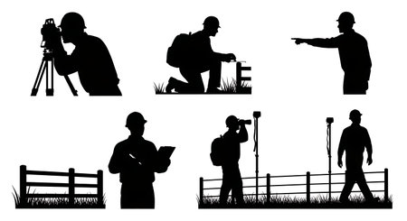 Black Solid Surveyor Fence Inspect Silhouettes Set of Six on White Background isolated on plain white background.のイラスト素材