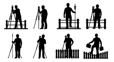 Black Solid Surveyor Fence Crossing Silhouettes Set of Six on White Background isolated on plain white background.のイラスト素材