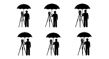 Black Solid Surveyor Machete Clear Silhouettes Set of Six on White Background isolated on plain white background.のイラスト素材