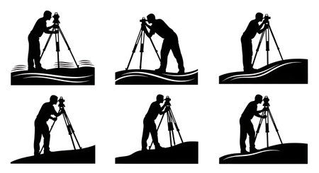 Black Solid Surveyor Tripod Slope Silhouettes Set of Six on White Background isolated on plain white background.のイラスト素材