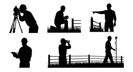 Black Solid Surveyor Fence Inspect Silhouettes Set of Six on White Background isolated on plain white background.のイラスト素材