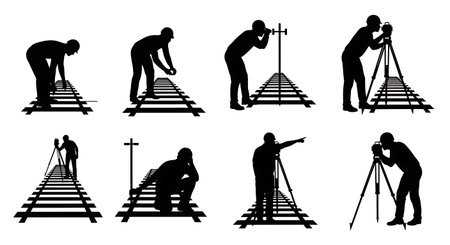 Black Solid Surveyor Railway Track Silhouettes Set of Six on White Background isolated on plain white background.のイラスト素材