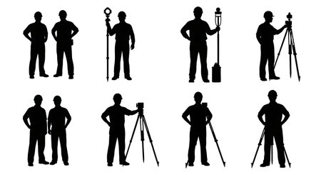 Black Solid Surveyor Hands On Hips Silhouettes Set of Six on White Background isolated on plain white background.のイラスト素材