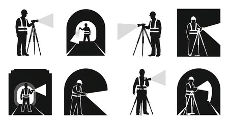 Black Solid Surveyor Flashlight Tunnel Silhouettes Set of Six on White Background isolated on plain white background.のイラスト素材