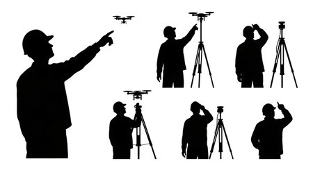 Black Solid Surveyor Point Sky Silhouettes Set of Six on White Background isolated on plain white background.のイラスト素材