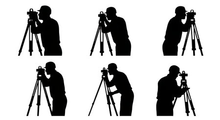 Black Solid Surveyor Compass Direction Silhouettes Set of Six on White Background isolated on plain...