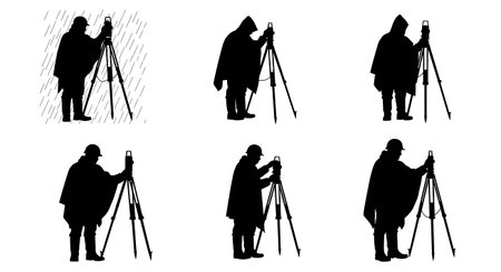 Black Solid Surveyor Rain Poncho Silhouettes Set of Six on White Background isolated on plain white background.のイラスト素材