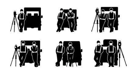 Black Solid Surveyor Leaning Truck Silhouettes Set of Six on White Background isolated on plain white background.のイラスト素材