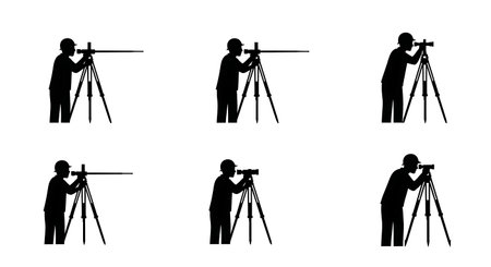 Black Solid Surveyor Ranging Rod Silhouettes Set of Six on White Background isolated on plain white background.のイラスト素材