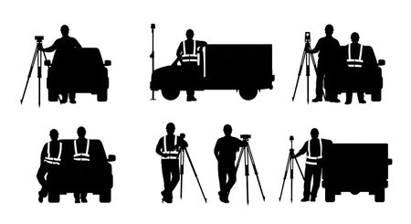 Black Solid Surveyor Leaning Truck Silhouettes Set of Six on White Background isolated on plain white background.のイラスト素材