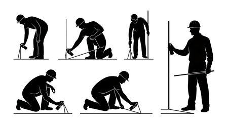 Black Solid Surveyor Spray Paint Silhouettes Set of Six on White Background isolated on plain white background.のイラスト素材