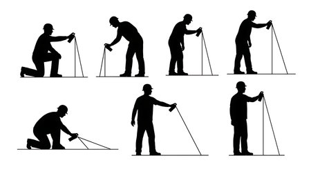 Black Solid Surveyor Spray Paint Silhouettes Set of Six on White Background isolated on plain white background.のイラスト素材