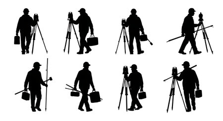 Black Solid Surveyor Hands Full Silhouettes Set of Six on White Background isolated on plain white background.のイラスト素材