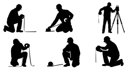 Black Solid Surveyor Roll Tape Silhouettes Set of Six on White Background isolated on plain white background.のイラスト素材