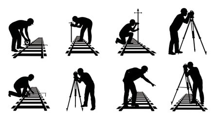Black Solid Surveyor Railway Track Silhouettes Set of Six on White Background isolated on plain white background.のイラスト素材