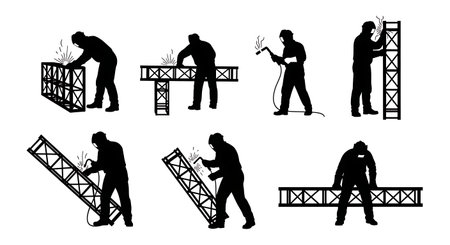 Black Solid Theater Stage Set Welder Silhouettes Set of Six on White Background isolated on plain white background.のイラスト素材