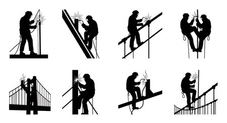 Black Solid Suspension Bridge Welder Silhouettes Set of Six on White Background isolated on plain white background.のイラスト素材