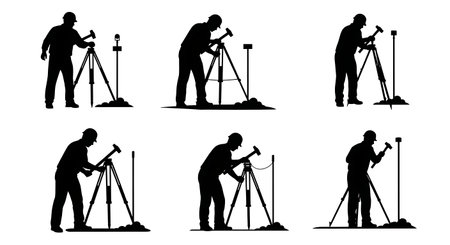 Black Solid Surveyor Sledgehammer Silhouettes Set of Six on White Background isolated on plain white background.のイラスト素材