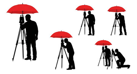 Black Solid Surveyor Red Umbrella Silhouettes Set of Six on White Background isolated on plain white background.のイラスト素材