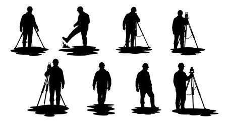 Black Solid Surveyor Step Puddle Silhouettes Set of Six on White Background isolated on plain white background.のイラスト素材