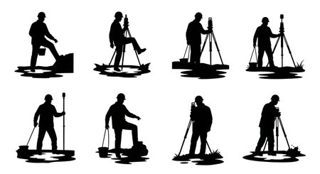 Black Solid Surveyor Step Puddle Silhouettes Set of Six on White Background isolated on plain white background.のイラスト素材