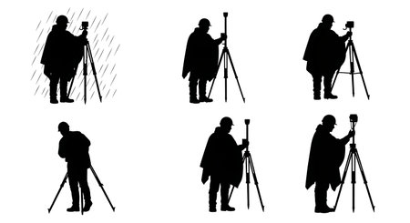 Black Solid Surveyor Rain Poncho Silhouettes Set of Six on White Background isolated on plain white background.のイラスト素材