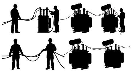 Black Solid Transformer Connection Silhouettes Set of Six on White Background isolated on plain white background.のイラスト素材