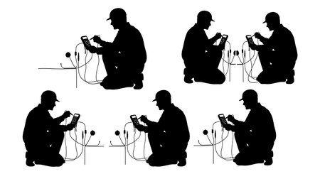 Black Solid Voltage Testing Silhouettes Set of Six on White Background isolated on plain white background.のイラスト素材