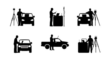 Black Solid Surveyor Laptop Truck Silhouettes Set of Six on White Background isolated on plain white background.のイラスト素材