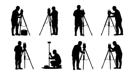 Black Solid Surveyor Water Check Silhouettes Set of Six on White Background isolated on plain white background.のイラスト素材