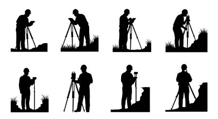 Black Solid Surveyor Soil Erosion Silhouettes Set of Six on White Background isolated on plain white background.のイラスト素材