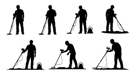 Black Solid Surveyor Metal Detector Silhouettes Set of Six on White Background isolated on plain white background.のイラスト素材