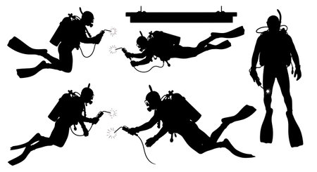 Black Solid Underwater Welder Diver Silhouettes Set of Six on White Background isolated on plain white background.のイラスト素材