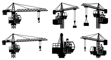 Black Solid Tower Crane Operator Silhouettes Set of Six on White Background isolated on plain white background.のイラスト素材