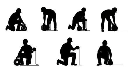 Black Solid Surveyor Roll Tape Silhouettes Set of Six on White Background isolated on plain white background.のイラスト素材