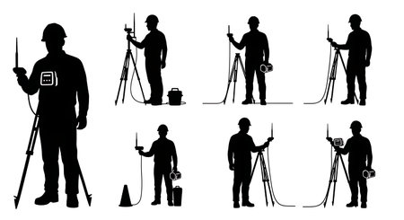 Black Solid Surveyor Pipe Transmitter Silhouettes Set of Six on White Background isolated on plain white background.のイラスト素材