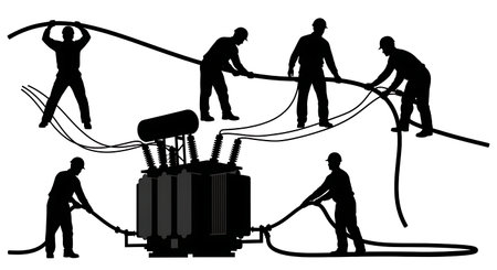 Black Solid Transformer Connection Silhouettes Set of Six on White Background isolated on plain white background.のイラスト素材