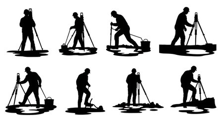 Black Solid Surveyor Step Puddle Silhouettes Set of Six on White Background isolated on plain white background.のイラスト素材