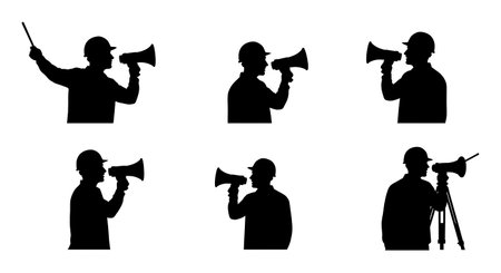 Black Solid Surveyor Megaphone Shout Silhouettes Set of Six on White Background isolated on plain white background.のイラスト素材