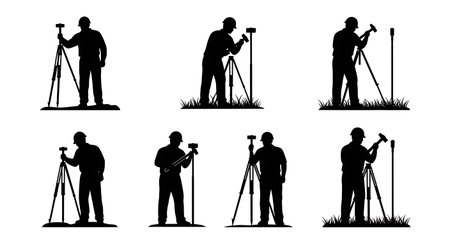 Black Solid Surveyor Sledgehammer Silhouettes Set of Six on White Background isolated on plain white background.のイラスト素材