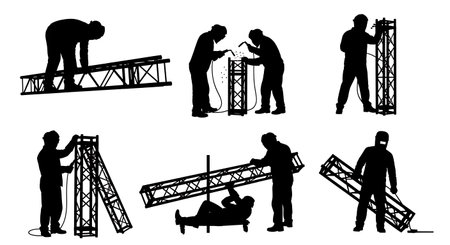 Black Solid Theater Stage Set Welder Silhouettes Set of Six on White Background isolated on plain white background.のイラスト素材
