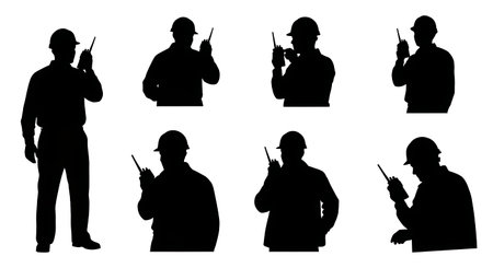 Black Solid Surveyor Walkie Talkie Silhouettes Set of Six on White Background isolated on plain white background.のイラスト素材