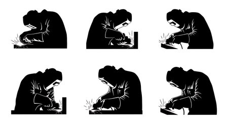 Black Solid Welder Grinding and Inspecting Silhouettes Set of Six on White Background isolated on plain white background.のイラスト素材