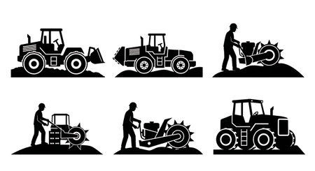 Black Solid Waste Compactor Landfill Silhouettes Set of Six on White Background isolated on plain white background.のイラスト素材