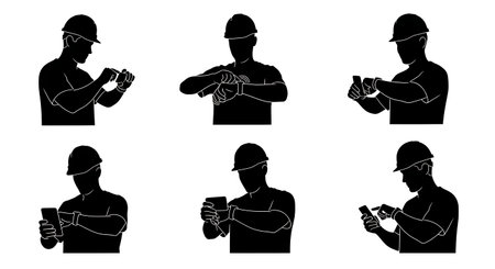 Black Solid Surveyor Smart Watch Silhouettes Set of Six on White Background isolated on plain white background.のイラスト素材