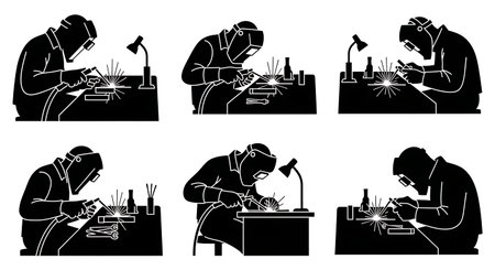 Black Solid TIG Welder Bench Work Silhouettes Set of Six on White Background isolated on plain white background.のイラスト素材