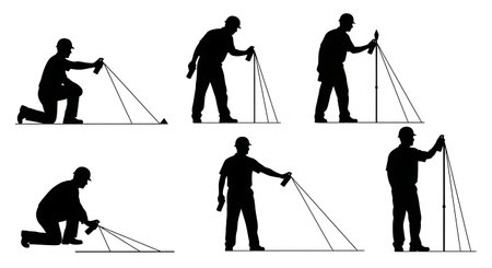 Black Solid Surveyor Spray Paint Silhouettes Set of Six on White Background isolated on plain white background.のイラスト素材